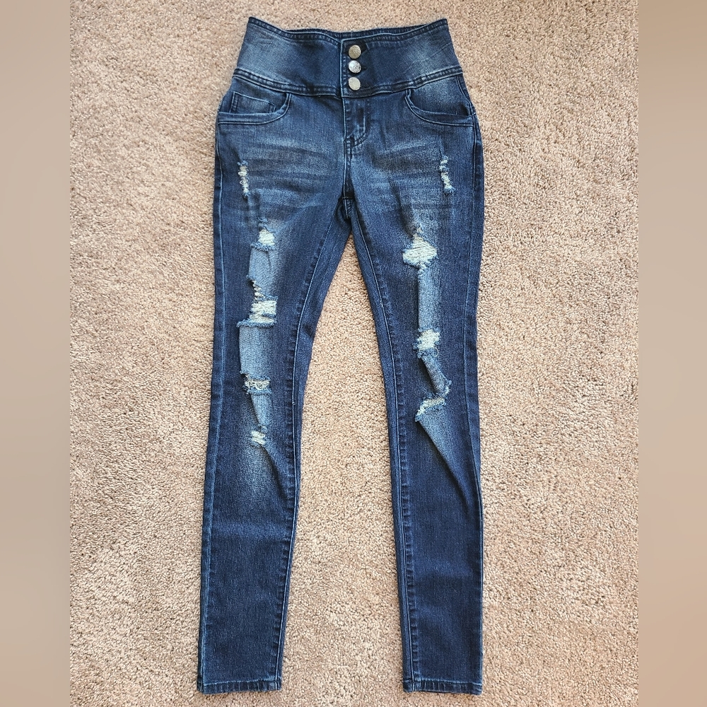 High Waist Stretch Skinny Jeans distressed dark wash Sz 1